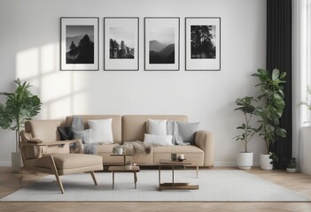 Modern scandinavian interior living room Three picture frame Empty wall mockup in white room with w