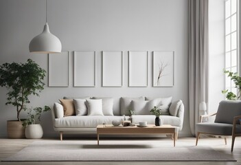 Modern scandinavian interior living room Five picture frameson wall mockup in white room with three-seater sofa table lamp long curtains and plant in ceramic flower pot