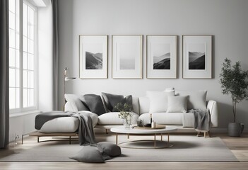 Modern Scandinavian interior living room Four horizontal picture frames on wall in fancy spacious room with a lot of light