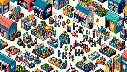 Pixel art microfinance marketplace with diverse characters and retro video game charm.