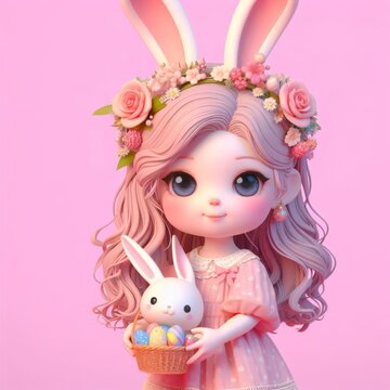 Whimsical Easter Ink: 3D Bunny Girl in Pink Isolated Scene