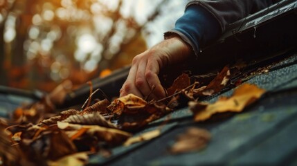 As the crisp autumn air surrounds them, a person's hand gently caresses the vibrant leaves scattered on the ground, embracing the changing season in the great outdoors