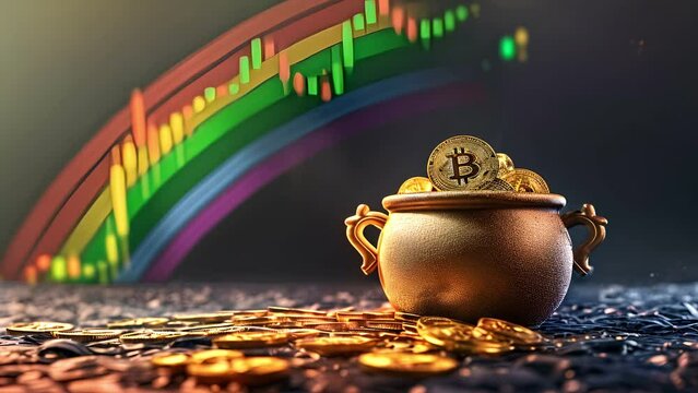 Saint Patrick's Day Bitcoin themed moving background of a pot of Bitcoins at the end of a stock candle chart rainbow