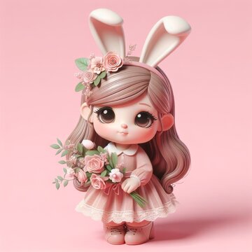 Cute Easter Bunny: Tattoo Style 3D Girl in Pink Isolated Background