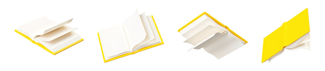 Open paper book with white pages and yellow hard cover floating in air in different angles of view. 3D render