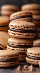 Close-Up of Chocolate Macarons with Crisp Shells and Filling