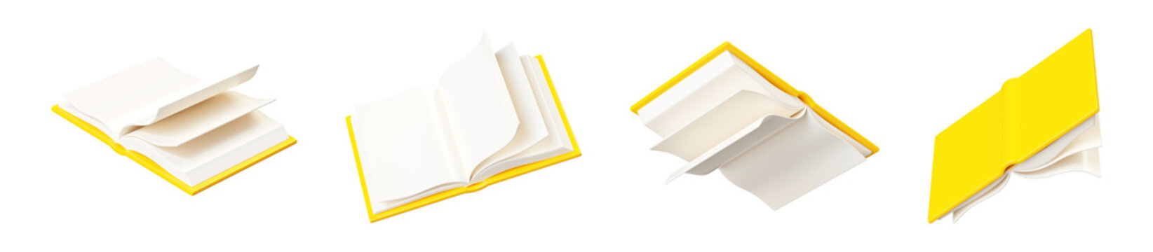 Open Paper Book With White Pages And Yellow Hard Cover Floating In Air In Different Angles Of View. 3D Render