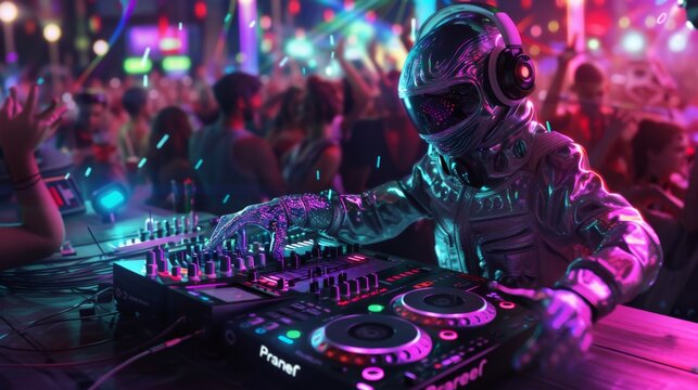 A vibrant and energetic deejay transports the crowd to a world of pulsating beats, surrounded by the vibrant hues of magenta and violet as they expertly mix tracks on their cdj, lost in the music wit