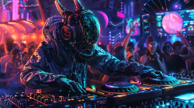 A masked disc jockey transports the crowd into a musical frenzy at the pulsing concert, as they lose themselves in the rhythm with their headphones on