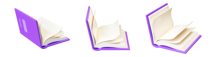 Open book with purple hardcover 3d render illustration set.
