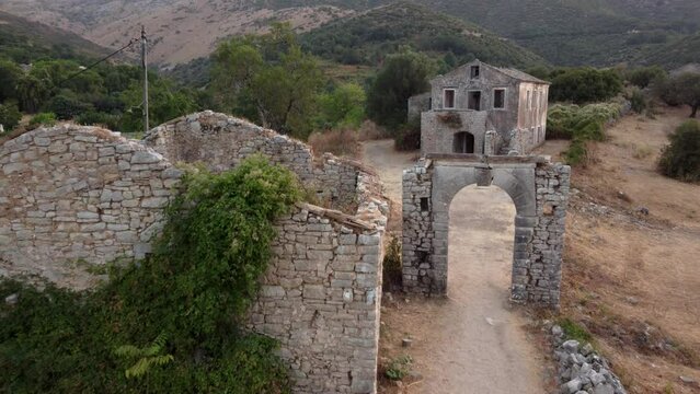 Aerial over Old Perithia Village in Corfu, Greece