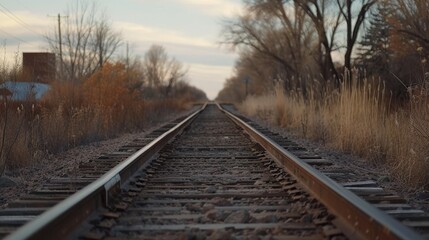 Fototapeta premium Amidst the lush greenery, a solitary train track cuts through the sky, leading the way through the tranquil forest and its towering trees as the railway journeys towards the horizon