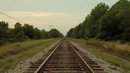 Obraz premium Journeying through nature, a train chugs along the tracks, surrounded by lush trees and billowy clouds in the sky