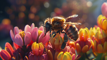 Fototapeta premium A close-up shot of a bee collecting nectar from a cluster of brightly colored flowers