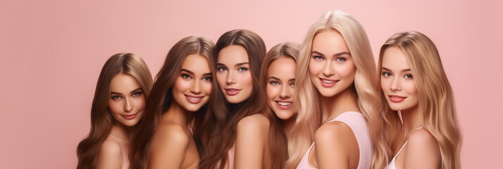 Group of happy women's with long groomed hair isolated on pink banner - obrazy, fototapety, plakaty