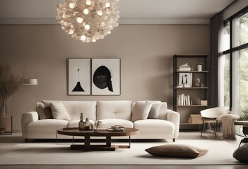 Contemporary classic white beige livingroom with sofa background Large modern japanese lamp and two black and white horizontal artworks on the wall