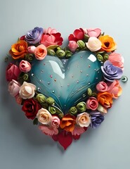 A stunning flower arrangement in full bloom, carefully crafted into a heart shape. The bouquet is decorated with a variety of colorful flowers, including roses, tulips, lilies and carnations. The flow - obrazy, fototapety, plakaty