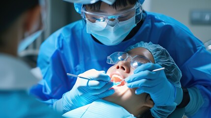 Dentist treats the teeth of a patient with caries in the dental office