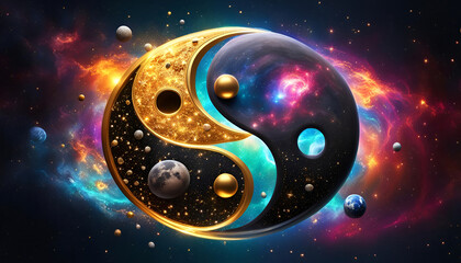 wirbelndes dynamisches Symbol der Energien Yin und Yang in Gold leuchtend im Universum durchdrunden von Galaxien aus Planeten Sternen und kosmischen Feuer Astronomie Himmel und Licht   