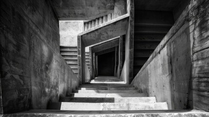 Fototapeta na wymiar A striking concrete staircase, adorned with a geometric design, leads to the monochromatic walls of a building on a quiet street, connecting the ground to the sky