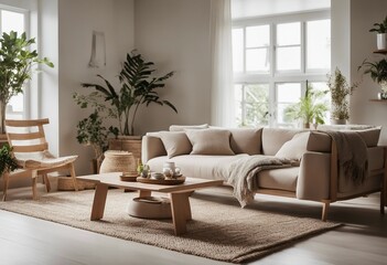Scandi interior design with beige sofa wooden boho table and carpet in modern coastal living room Big windows