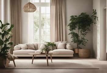 Scandinavian farmhouse style beige living room interior with natural plants