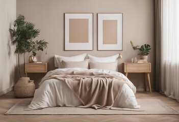 Vertical two frame mockup in boho bedroom interior with wooden floor and white bed Beige blanket on white bed sheets