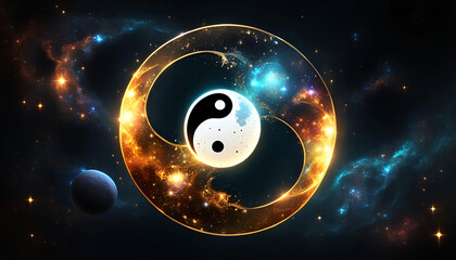 wirbelndes dynamisches Symbol der Energien Yin und Yang in Gold leuchtend im Universum durchdrunden von Galaxien aus Planeten Sternen und kosmischen Feuer Astronomie Himmel und Licht    - obrazy, fototapety, plakaty