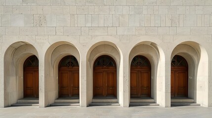 The grandeur of a symmetrical arcade, with its towering columns and elegant arches, leads to a row of wooden doors nestled within the stone walls of a majestic building