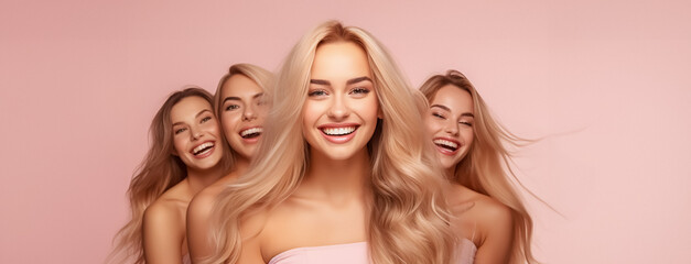 Smiling woman's with blonde long groomed hair isolated on pastel pink background. Blonde hair care products banner template