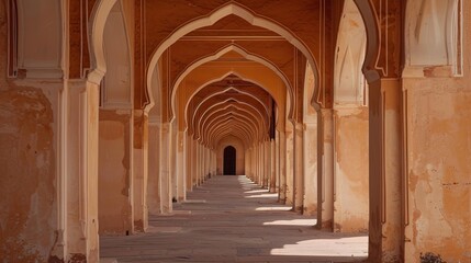 The grand building's outdoor arcade, lined with symmetrical columns and arches, leads to a vaulted hallway with a stone floor, exuding an elegant and timeless aesthetic