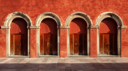 A stunning display of architectural symmetry and vibrant red doors, creating an outdoor arcade leading to a mysterious world beyond