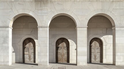 Obraz premium The grandeur of a medieval church is captured in a symmetrical row of arched doors, their stone columns reaching towards the sky against the outdoor backdrop of a stately building's arcade