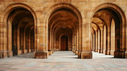 Fototapeten An imposing stone church stands tall, its arched doorways and intricate arcade columns creating a symmetrical and grand entrance to the vaulted cloisters within © ChaoticMind