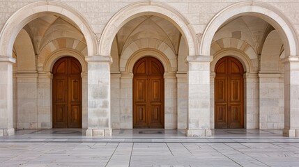 Fototapeta premium An elegant outdoor church with a symmetrical row of wooden doors, framed by graceful arches and columns, invites one to enter and explore its architectural beauty
