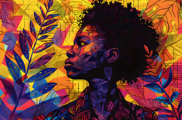 Vibrant African Woman Portrait Amidst Colorful Abstract Nature Patterns. African World Heritage Day