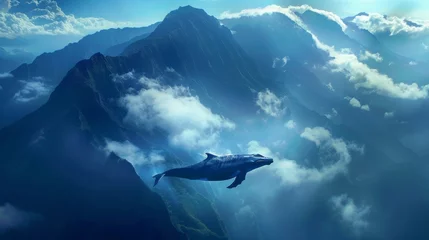 Foto op Canvas A majestic whale soars above towering mountains, surrounded by billowing clouds and a vast expanse of sky, evoking a sense of freedom and wonder in this stunning outdoor landscape © ChaoticMind