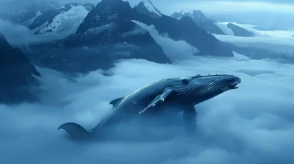 Foto op Canvas An arctic landscape filled with fog and snow, where a majestic whale swims through the clouds above a glacial mountain © ChaoticMind