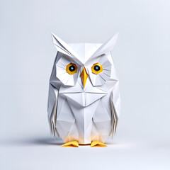 Uhu Kauz Eule Vogel mit großen Augen in geometrischen Formen, wie 3D Papier in weiß wie Origami Falttechnik Vogel Symbol Wappentier Logo Vorlage wildlebende Tiere Greifvogel Jäger Nacht 