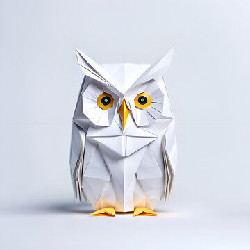 Uhu Kauz Eule Vogel mit gro&szlig;en Augen in geometrischen Formen, wie 3D Papier in wei&szlig; wie Origami Falttechnik Vogel Symbol Wappentier Logo Vorlage wildlebende Tiere Greifvogel J&auml;ger Nacht 