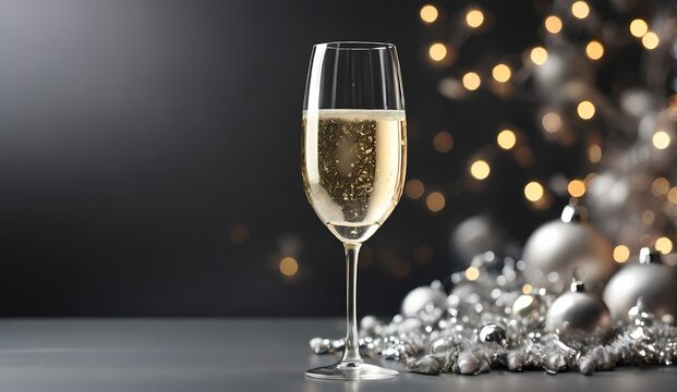 Generative AI Glasses of champagne. Merry christmas and happy new year Brinde com ta&ccedil;a de champagne e decora&ccedil;&atilde;o dourada para celebra&ccedil;&atilde;o de ano novo e fogos de artificio ao fundo.

