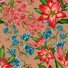Poster Watercolor seamless pattern with garden flowers. Vintage spring or summer floral pattern. Flower seamless pattern. Botanical art. Wedding floral set. Watercolor botanical design.  © Natallia Novik