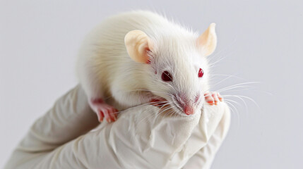baby albino rat held in hand with a glove by researcher. Generative Ai - obrazy, fototapety, plakaty