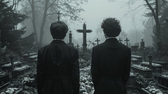 Farewell ceremony for the deceased, cemetery, tombstone, sad people in black tailcoats stand near the gravestone