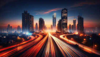 Fototapeta premium The light trails on the highway convey a sense of motion and the rush of urban life as the day transitions to night.