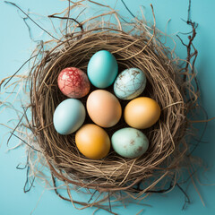 Naklejka na ściany i meble eggs. colored eggs. on the nest. Easter. holiday. the banner.