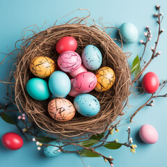 eggs. colored eggs. on the nest. Easter. holiday. the banner.