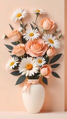 Elegantly arranged floral bouquets in vases, each presenting a harmonious blend of soft pastel-colored roses and daisies. The roses vary from peach to soft pink hues, symbolizing gra