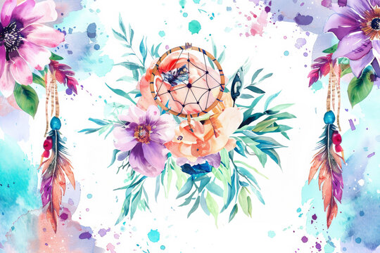 Watercolor flowers and dreamcatcher .Watercolor template, layout with  floral frame, for calligraphy, use for gift sertificate, look like paint, banner.