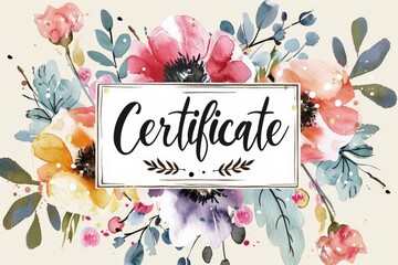 Text "Certificate" with watercolor flowers.Watercolor template, layout with  floral frame, for calligraphy, use for gift sertificate, look like paint, banner.